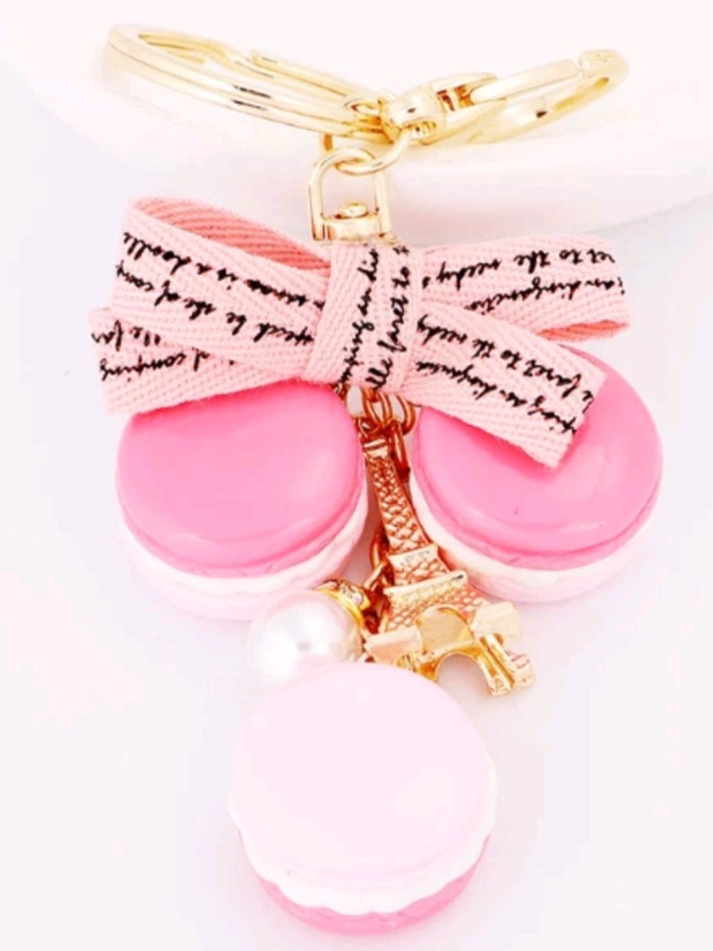 Pink Macaron Keychain with Eiffel Tower Charm NY Souvenir